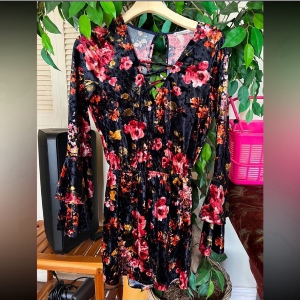 Charlotte Russe Black and Red Floral Long Sleeve Dress